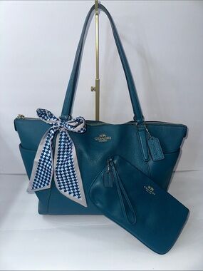 COACH Teal Pebbled Leather Tote with Matching Wristlet